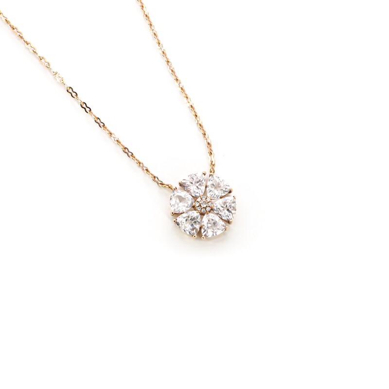 CADENA ORO ROSADO 18K FLOR CUARZO CLEAR &amp; DIAMANTES
