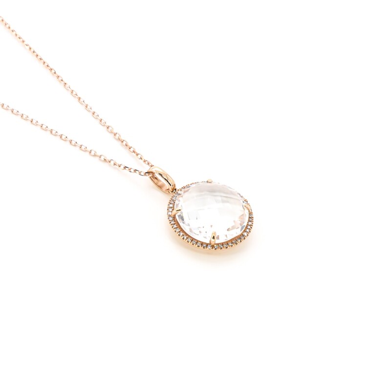 CADENA CON DIJE ORO ROSADO 14K CUARZO CLEAR &amp; DIAMANTES REDONDO