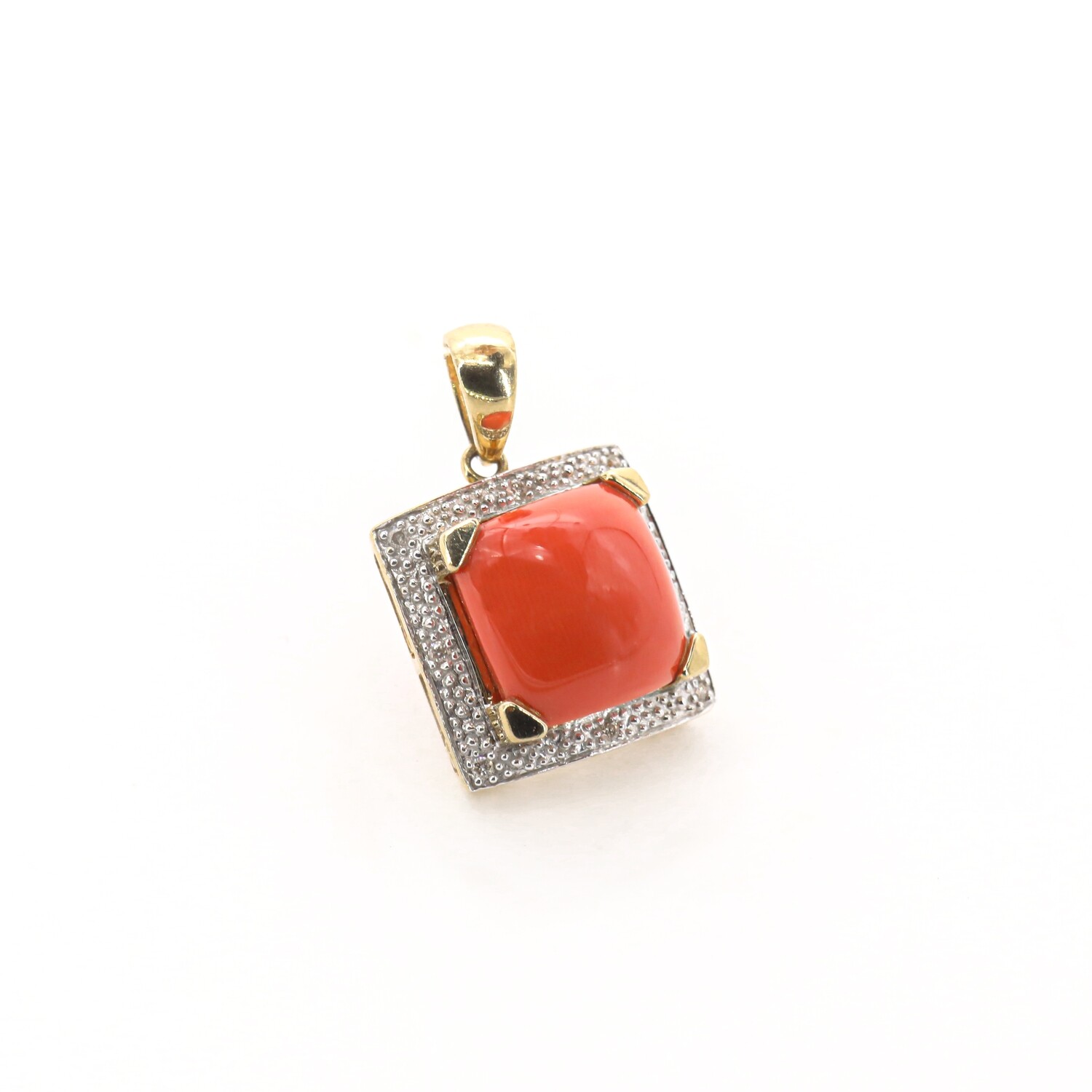DIJE ORO AMARILLO 14K CORAL CUADRADO &amp; DIAMANTES PAVET