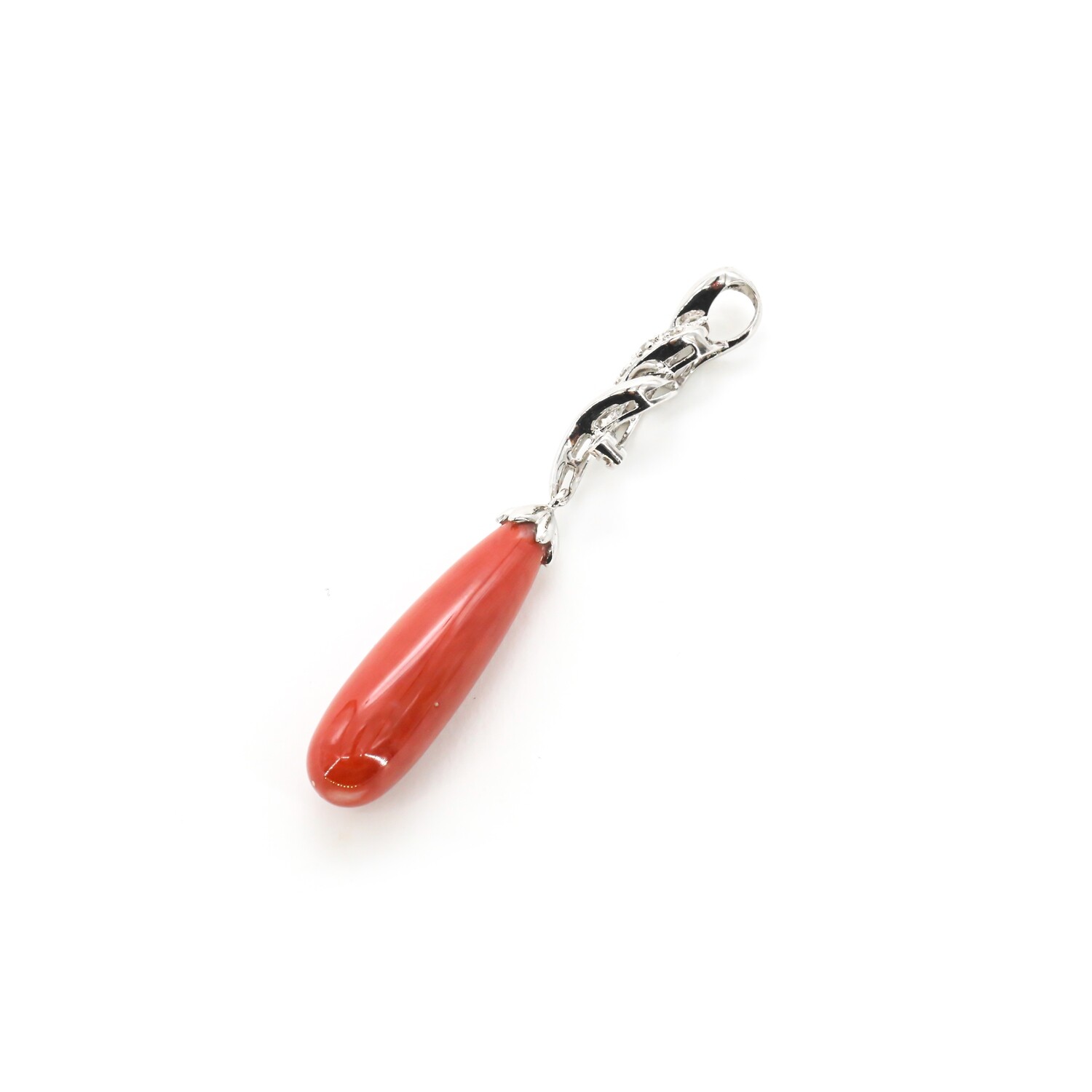 DIJE ORO BLANCO 14K LARGO CORAL &amp; DIAMANTES PAVET