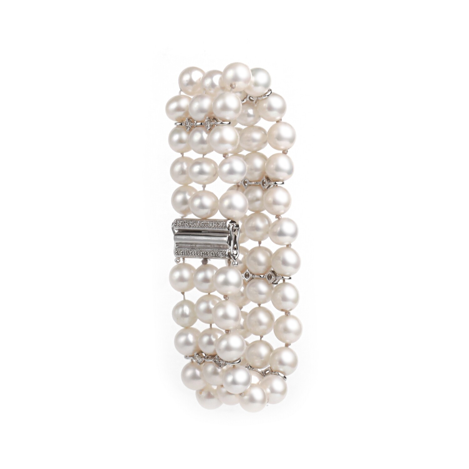 BRAZALETE ORO BLANCO PERLAS CON DIAMANTES TRES LINEAS
