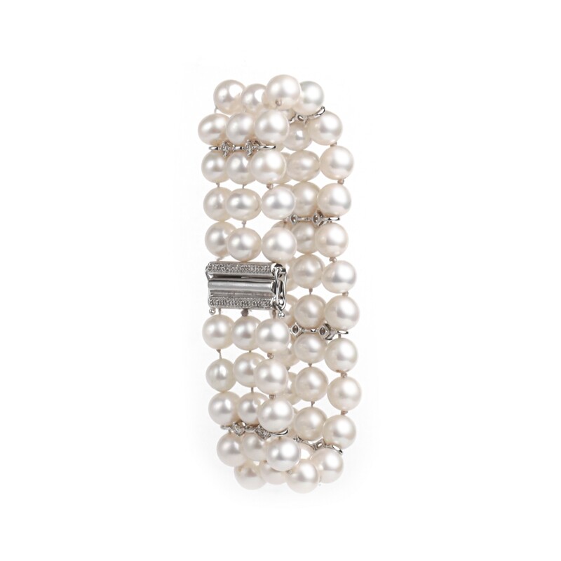 BRAZALETE ORO BLANCO PERLAS CON DIAMANTES TRES LINEAS