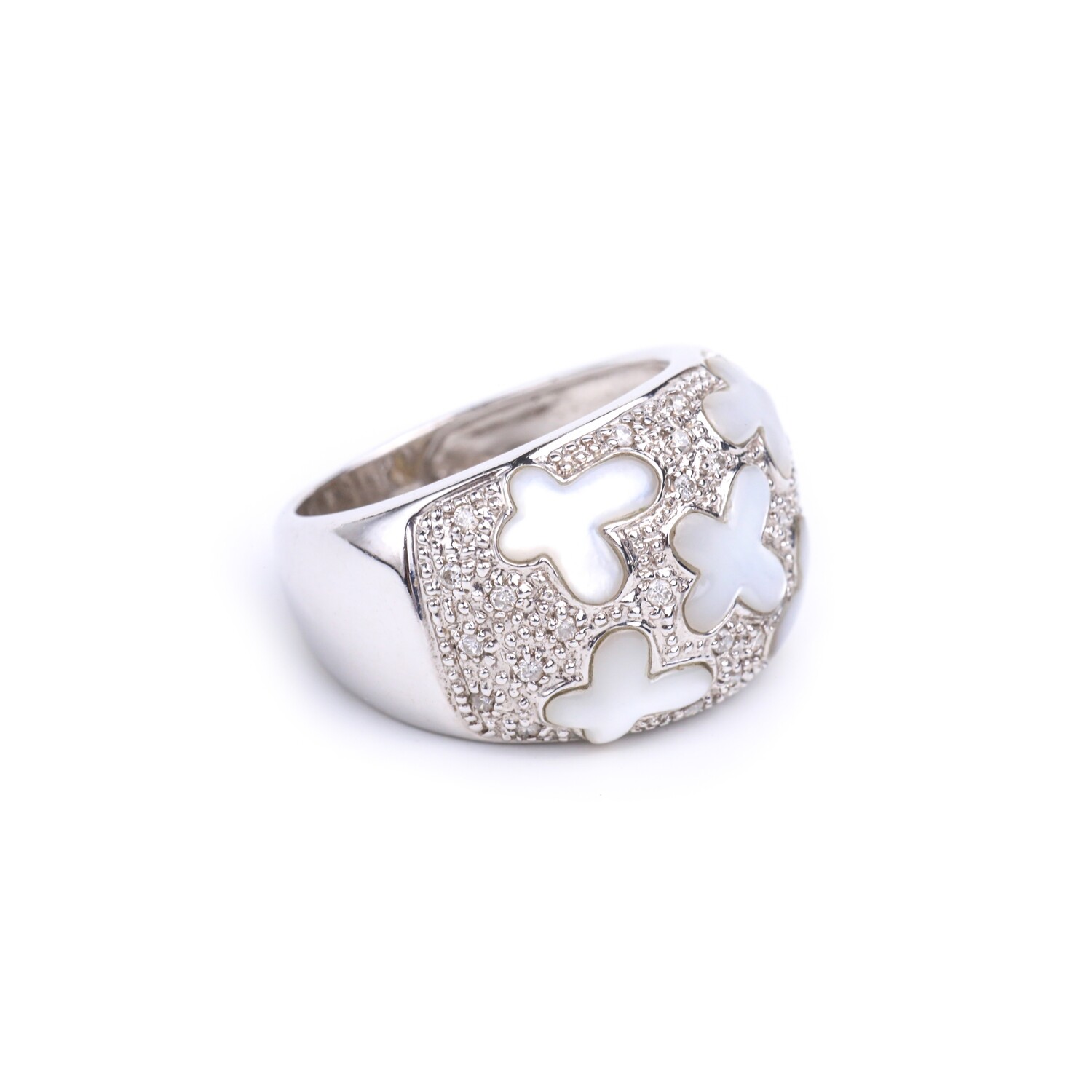 ANILLO ORO BLANCO 14K MADRE PERLA BLANCA &amp; DIAMANTES