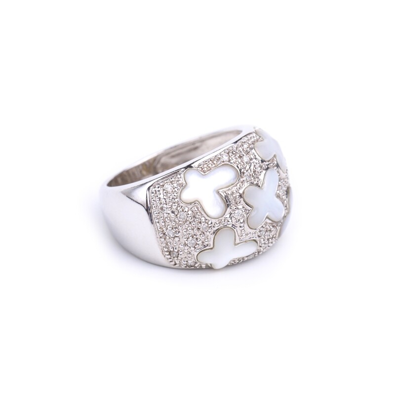 ANILLO ORO BLANCO 14K MADRE PERLA BLANCA &amp; DIAMANTES