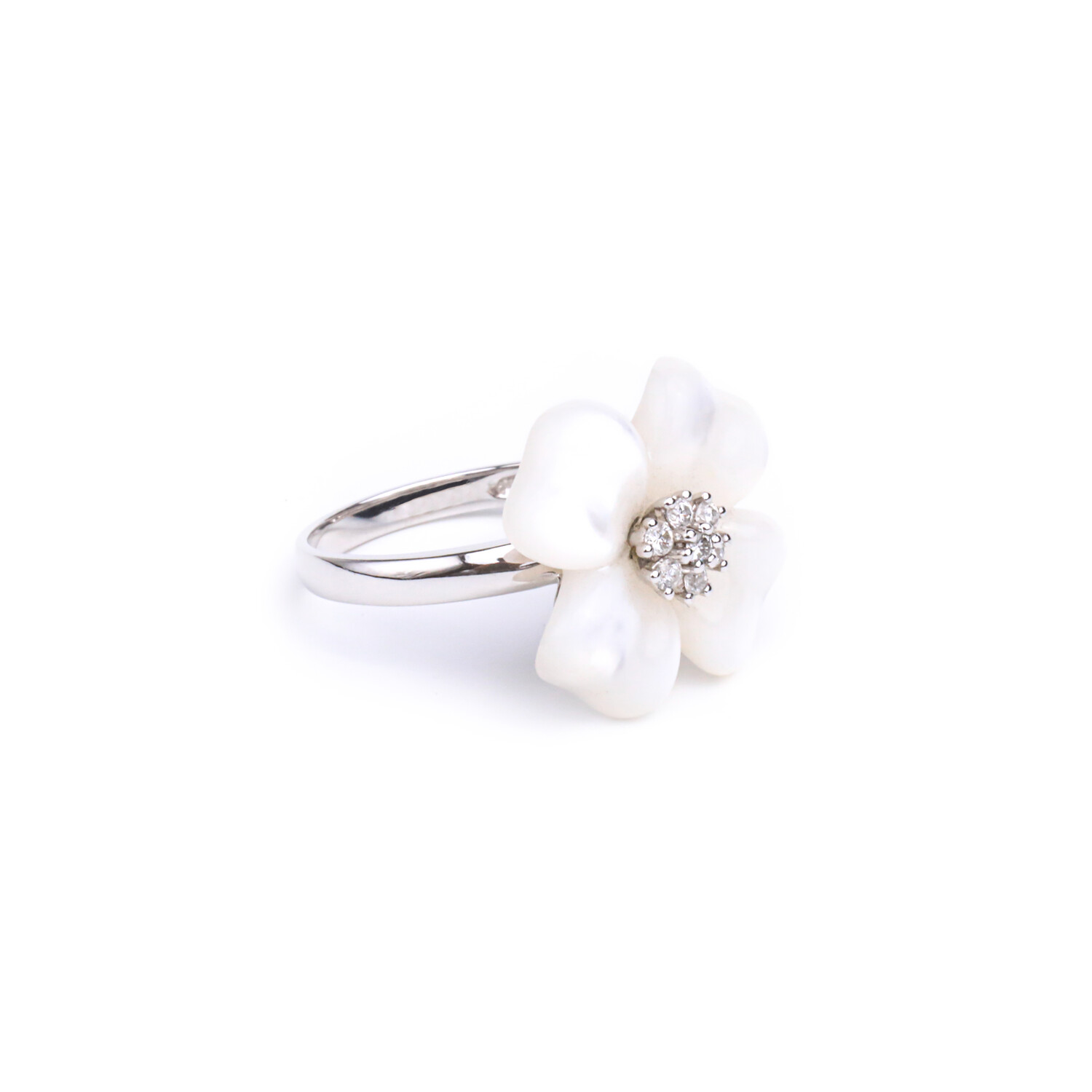 ANILLO ORO BLANCO 14K FLOR MADRE PERLA &amp; DIAMANTES