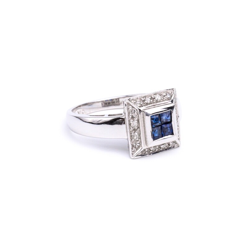 ANILLO ORO BLANCO 14K DIAMANTES &amp; ZAFIRO