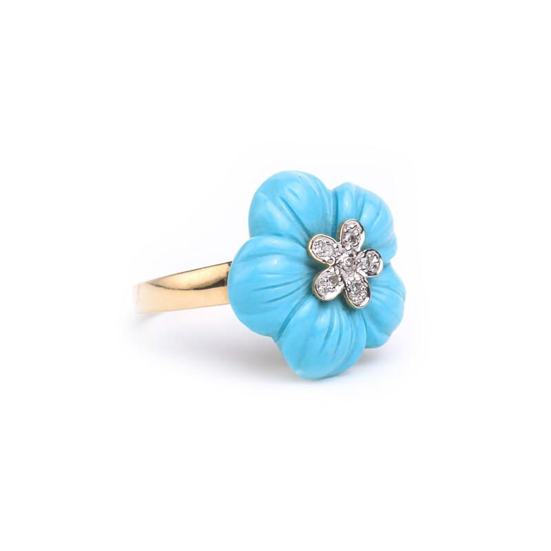 ANILLO ORO AMARILLO 14K FLOR TURQUESA &amp; DIAMANTES