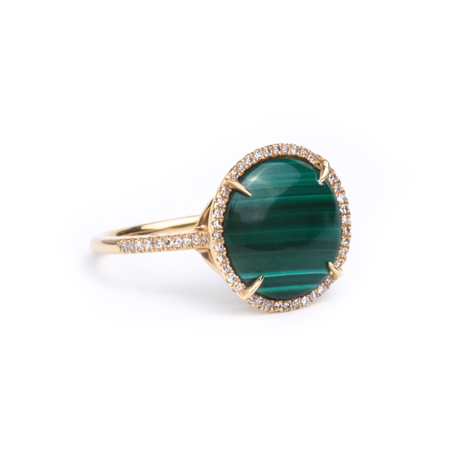 ANILLO ORO AMARILLO 14K MALAQUITA &amp; DIAMANTES REDONDO