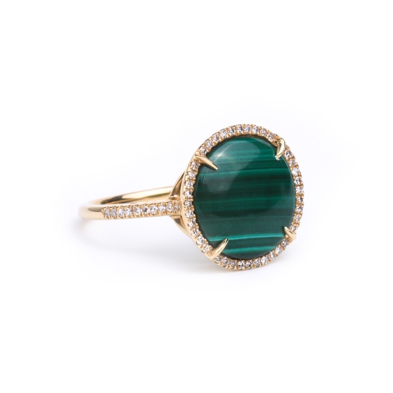 ANILLO ORO AMARILLO 14K MALAQUITA &amp; DIAMANTES REDONDO