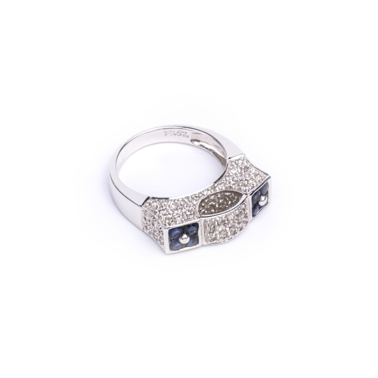 ANILLO ORO BLANCO 14K DIAMANTES CON FLORES DE ZAFIRO