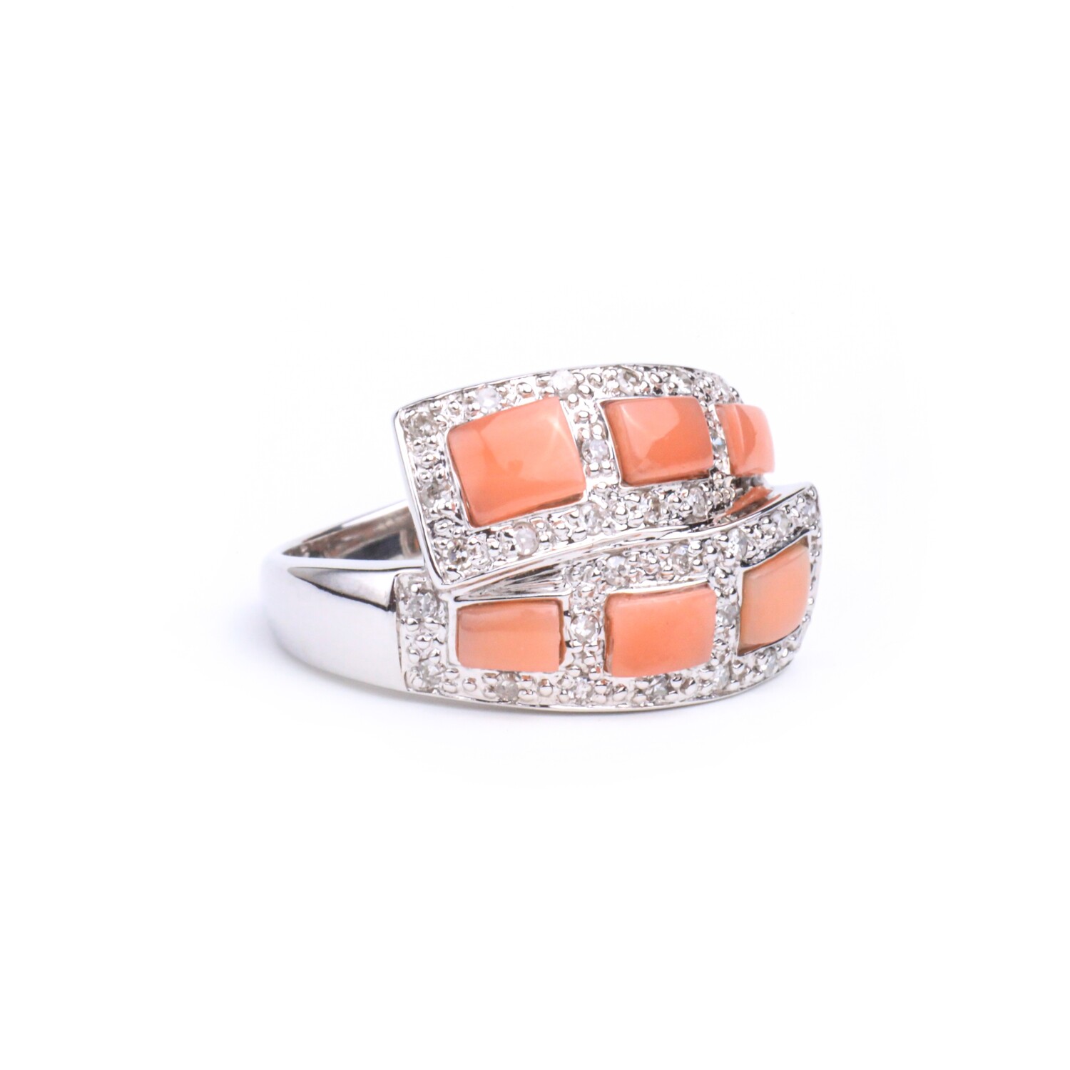 ANILLO ORO BLANCO 14K CORAL CUADRADOS &amp; DIAMANTES