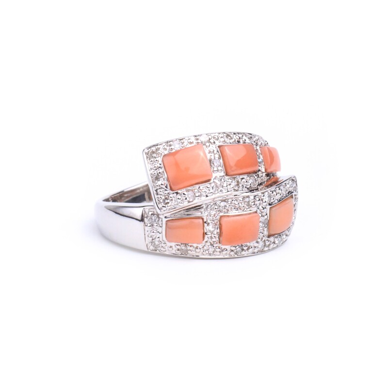 ANILLO ORO BLANCO 14K CORAL CUADRADOS &amp; DIAMANTES