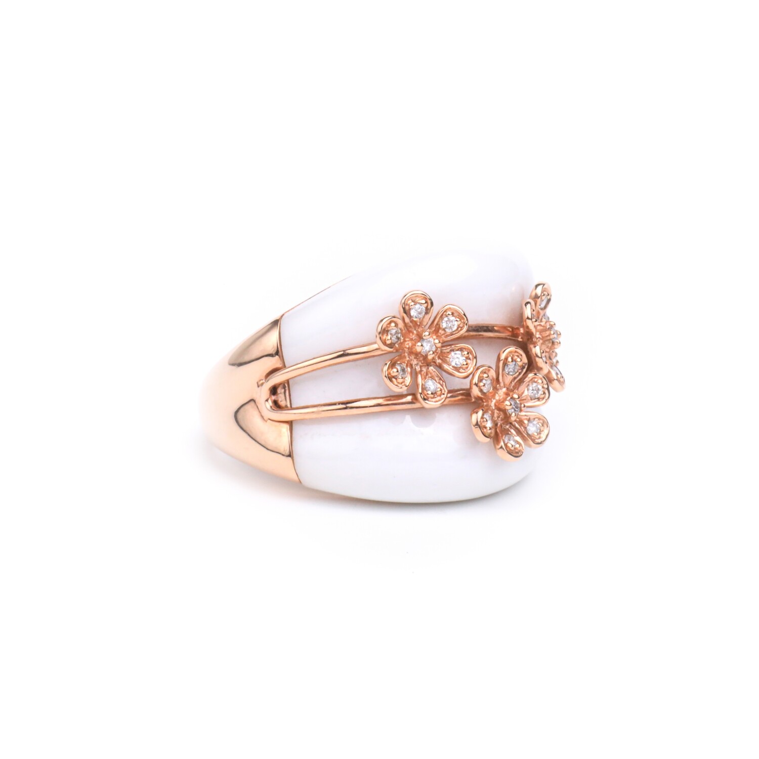 ANILLO ORO ROSADO 14K ONIX BLANCO TRES FLORES