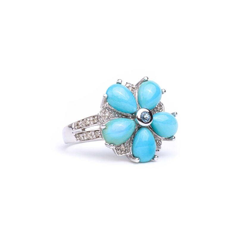 ANILLO ORO BLANCO 14K FLOR TURQUESA &amp; DIAMANTES