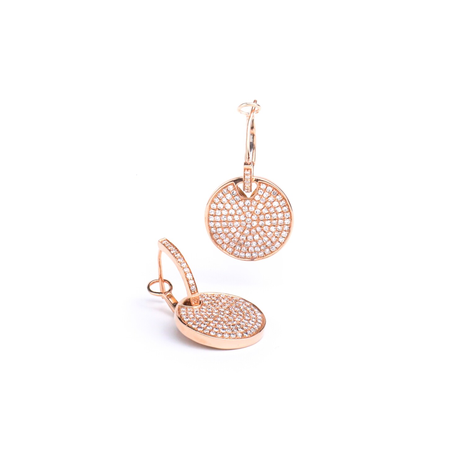 ARETES ORO ROSADO 14K CIRCULO COLGANTES CON DIAMANTES