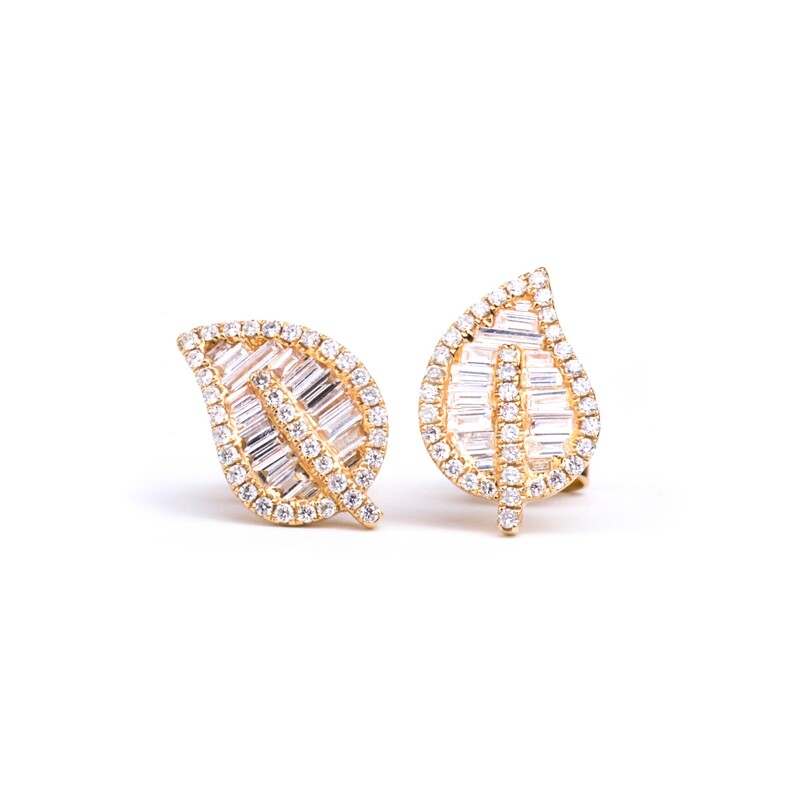 ARETES ORO AMRILLO 14K HOJA DIAMANTES BAGUETTE Y PAVET