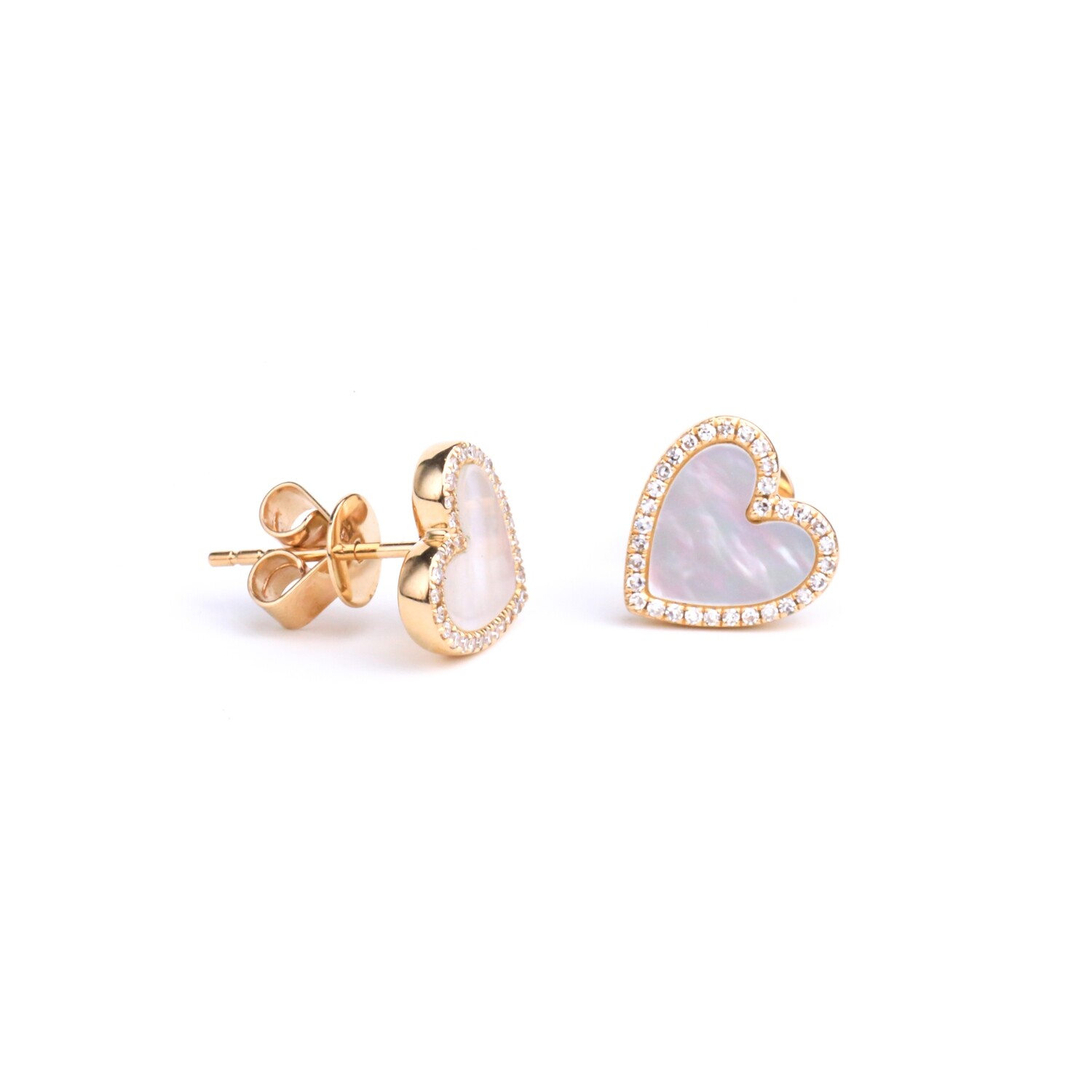 ARETES ORO AMARILLO 14K MADREPERLA &amp; DIAMANTES CORAZON MEDIANO