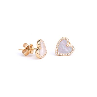 ARETES ORO AMARILLO 14K MADREPERLA &amp; DIAMANTES CORAZON MEDIANO
