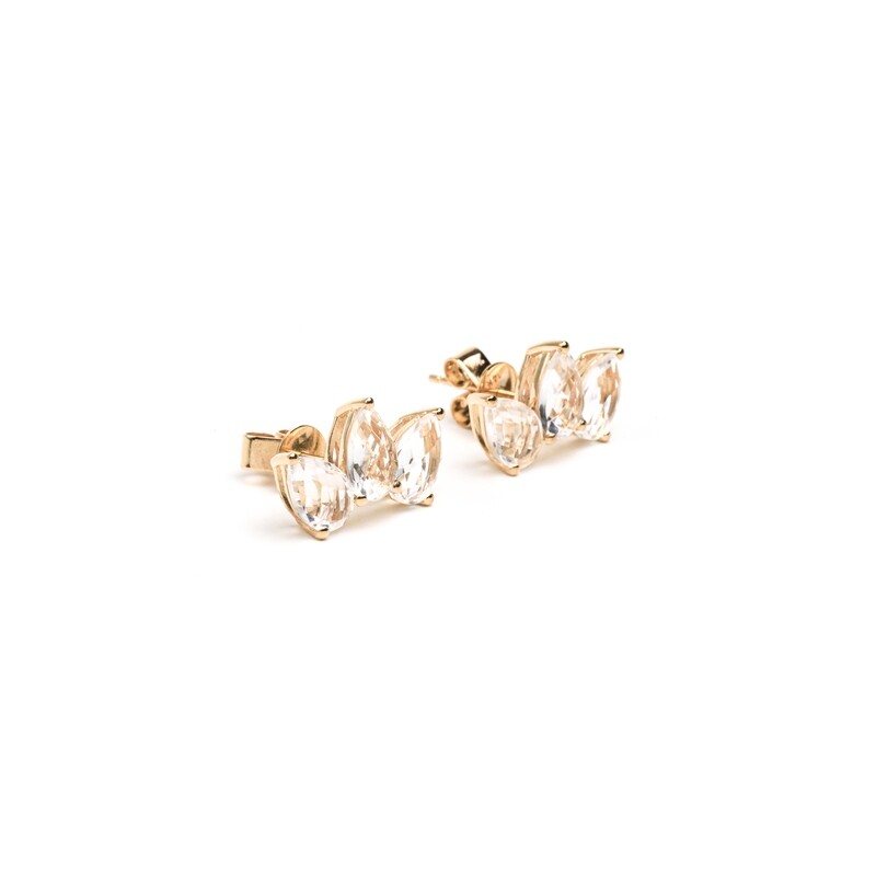 ARETES ORO AMARILLO 14K CUFF TRES PIEDRAS CUARZO CLEAR