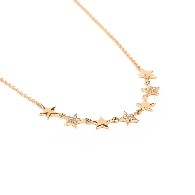 CADENA CON DIJE ORO AMARILLO 14K SIETE ESTRELLAS LISAS &amp; DIAMANTES