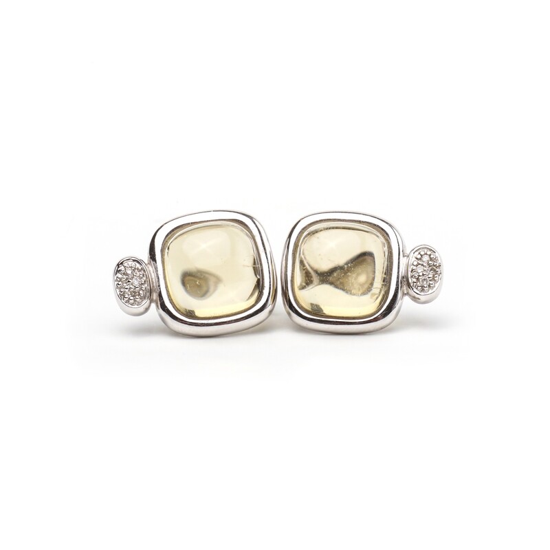 ARETES ORO BLANCO 14K CON CUARZO LIMÓN &amp; DIAMANTES