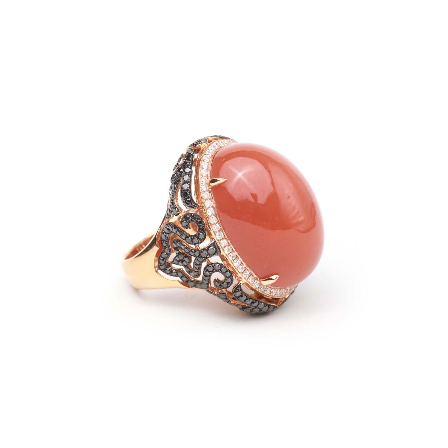 ANILLO ORO ROSADO 18K MORGANITA &amp; DIAMANTES NEGROS