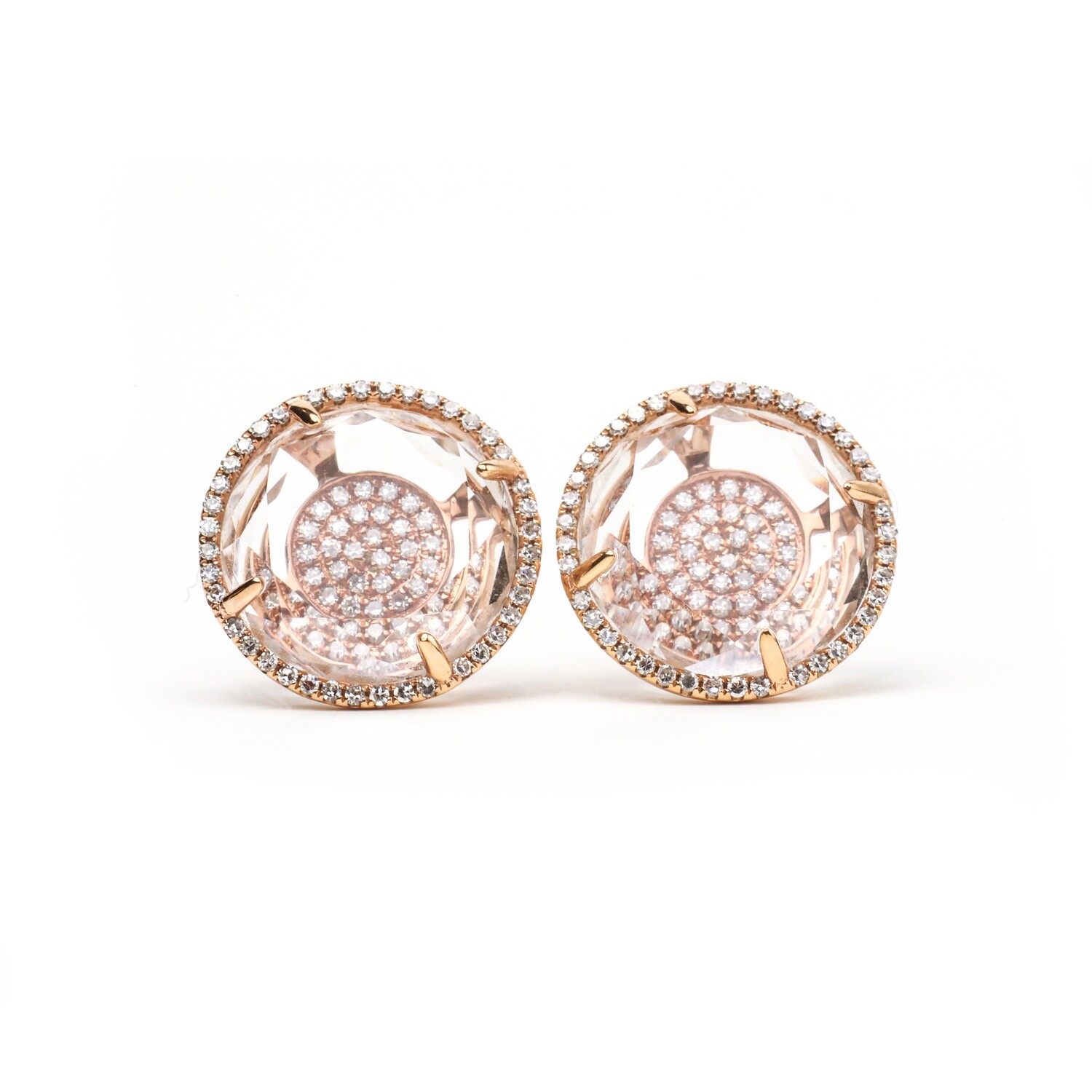 ARETES ORO ROSADO 18K CUARZO CLEAR &amp; DIAMANTES