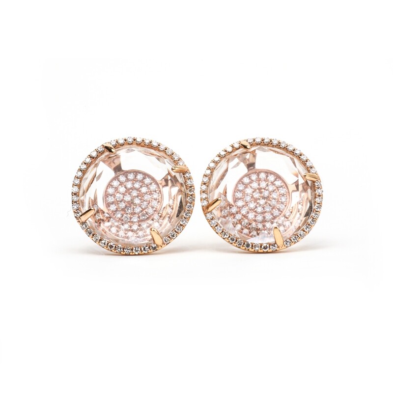 ARETES ORO ROSADO 18K CUARZO CLEAR &amp; DIAMANTES