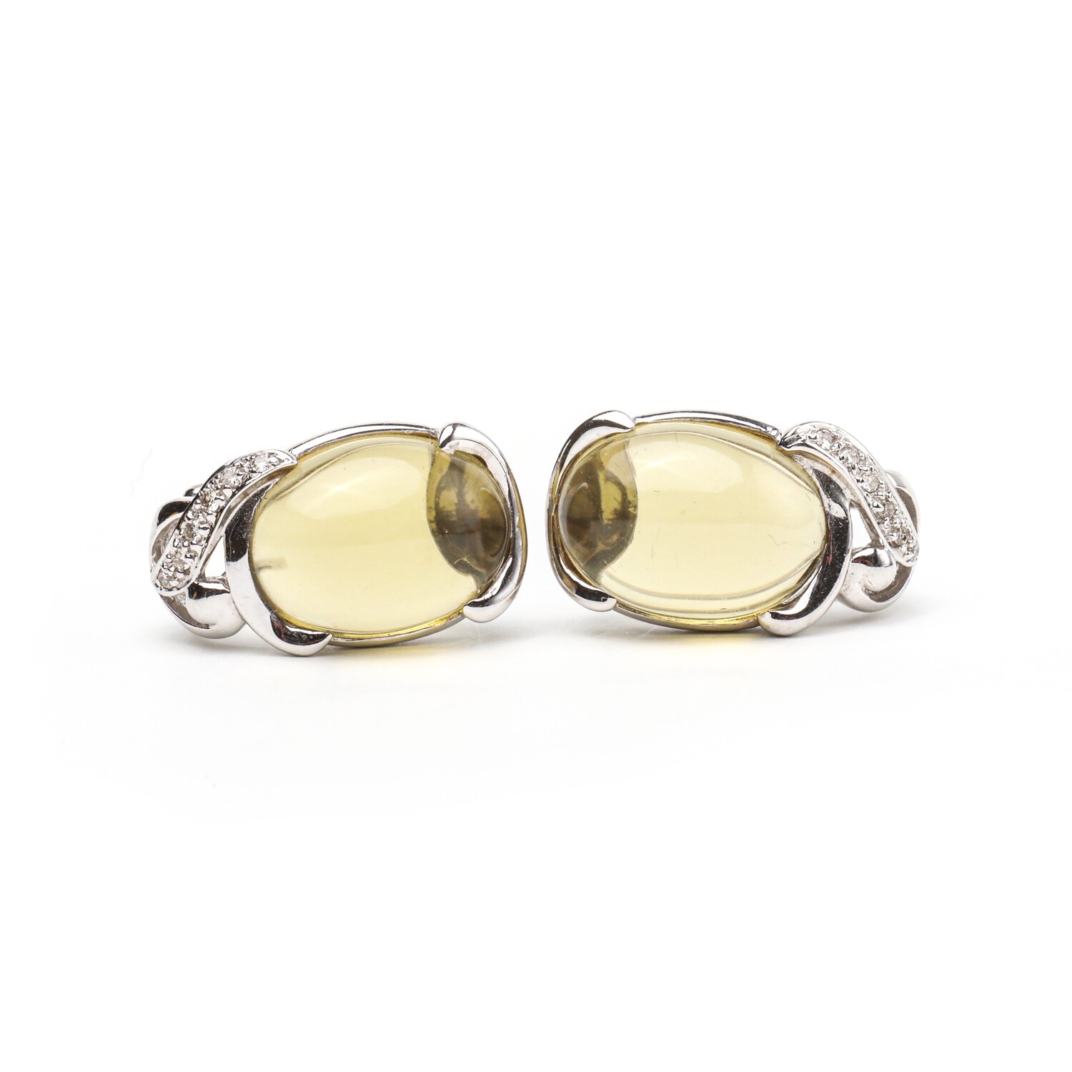 ARETES ORO BLANCO 14K CUARZO LIMON CON DIAMANTES