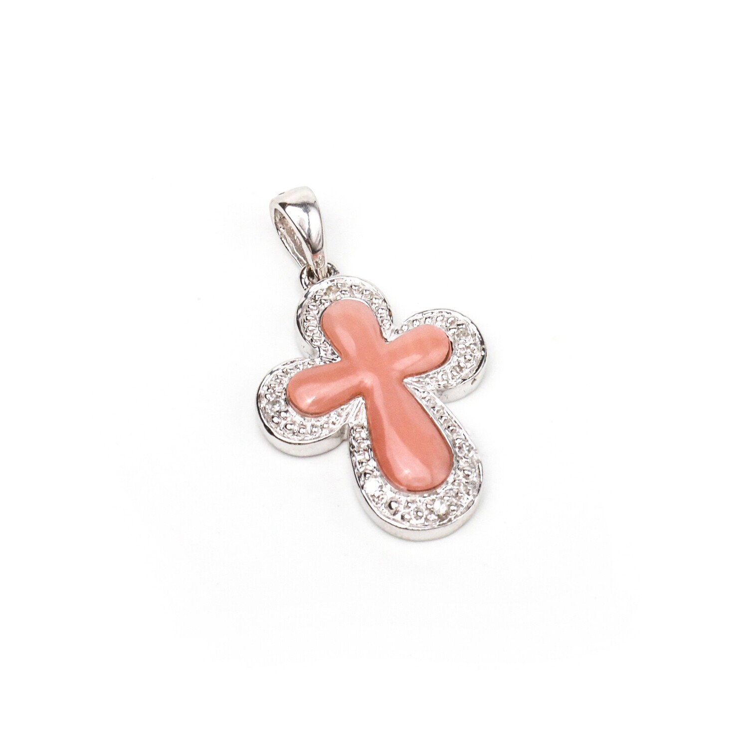 CRUCIFIJO ORO BLANCO 14K CORAL CON DIAMANTES