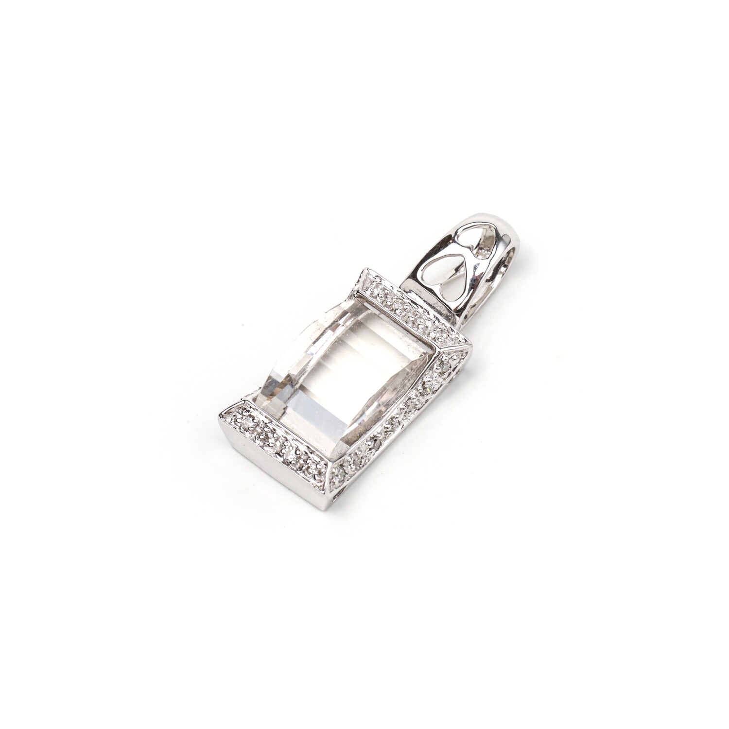 DIJE ORO BLANCO 14K CUADRADO CON CUARZO CLEAR &amp; DIAMANTES