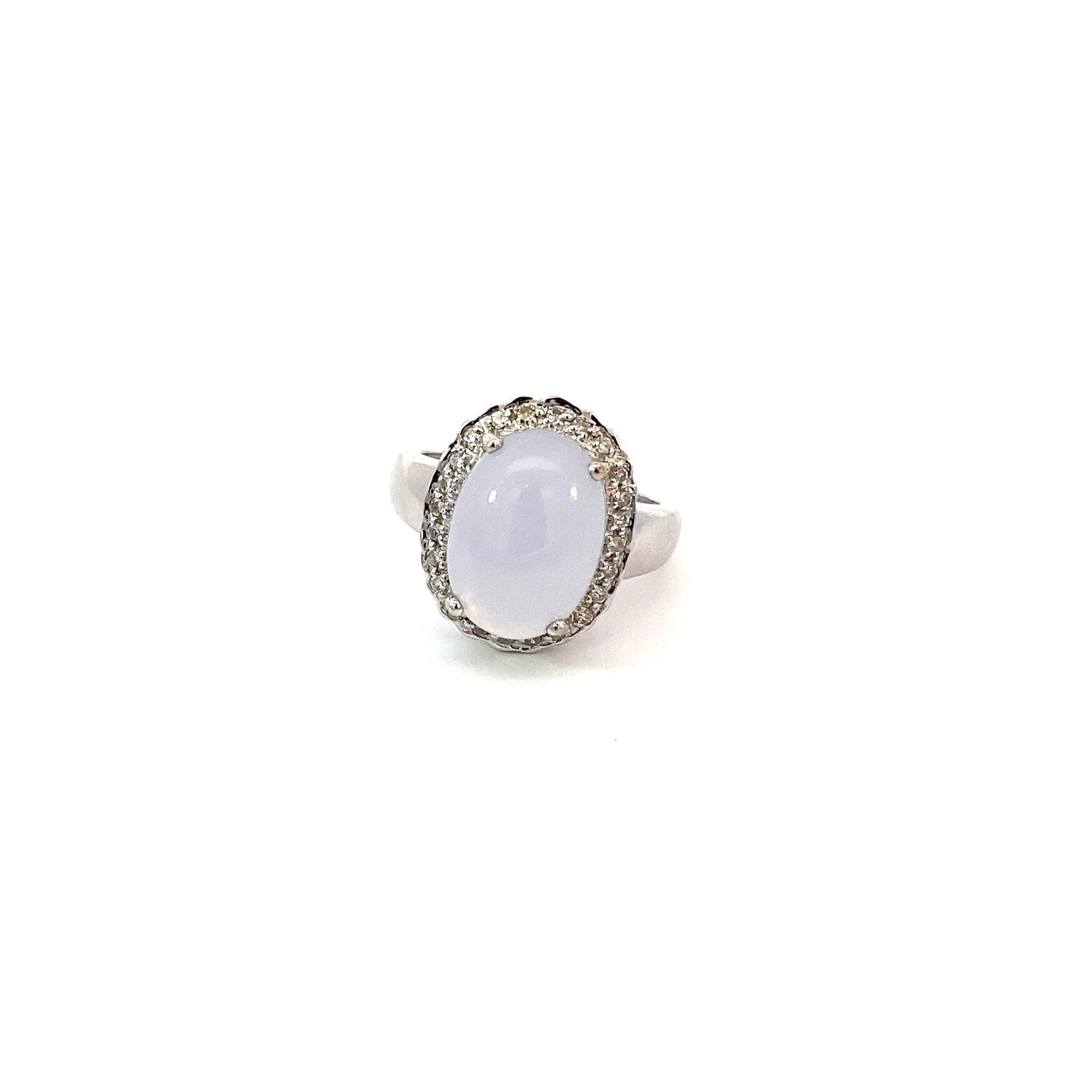 ANILLO ORO BLANCO CALCEDONIA OVALADA Y DIAMANTES 14K