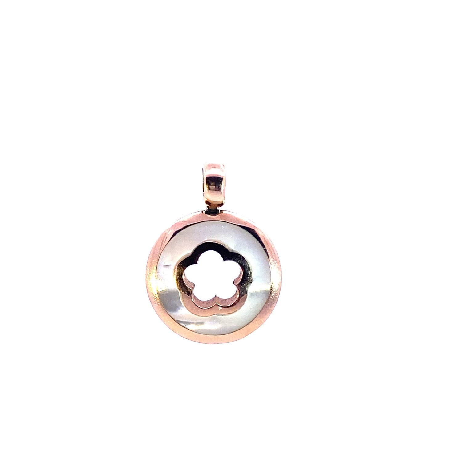 DIJE ORO ROSADO REDONDO FLOR MADREPERLA 14K