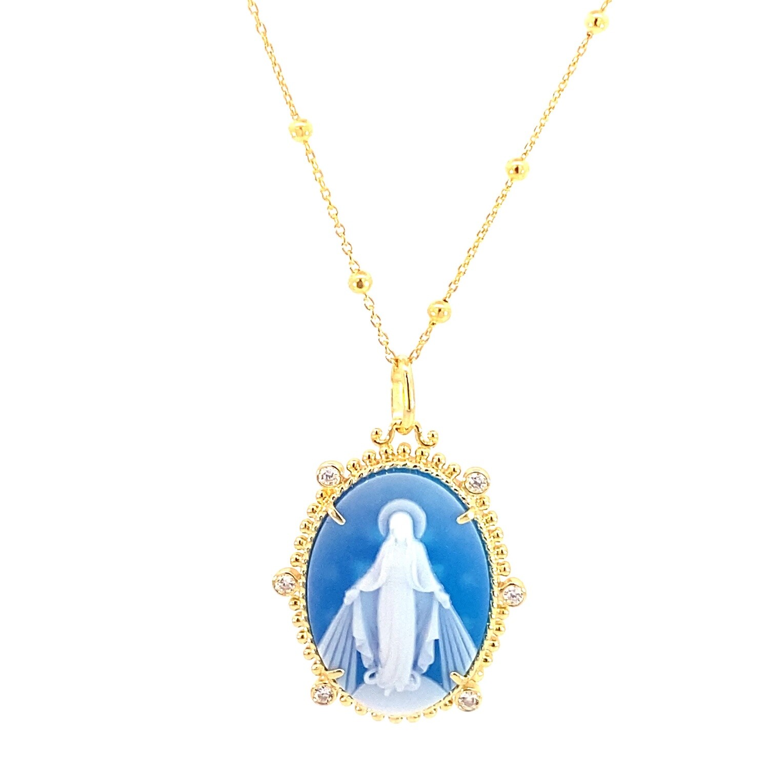 CADENA CON DIJE PLATA MEDALLA MILAGROSA AZUL GRANDE