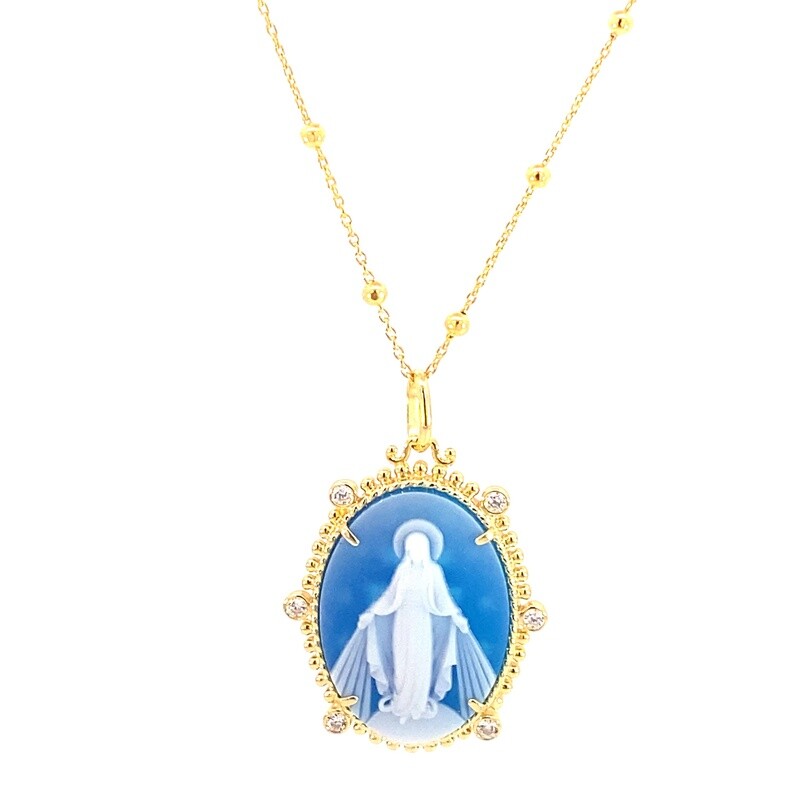 CADENA CON DIJE PLATA MEDALLA MILAGROSA AZUL GRANDE