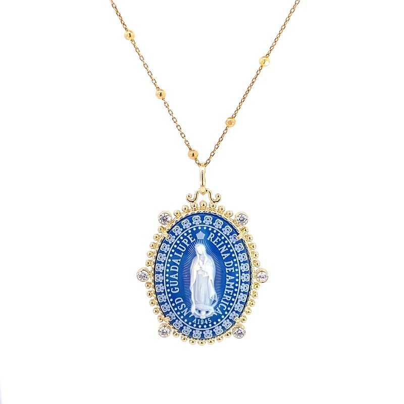 CADENA CON DIJE PLATA MEDALLA GUADALUPE AZUL