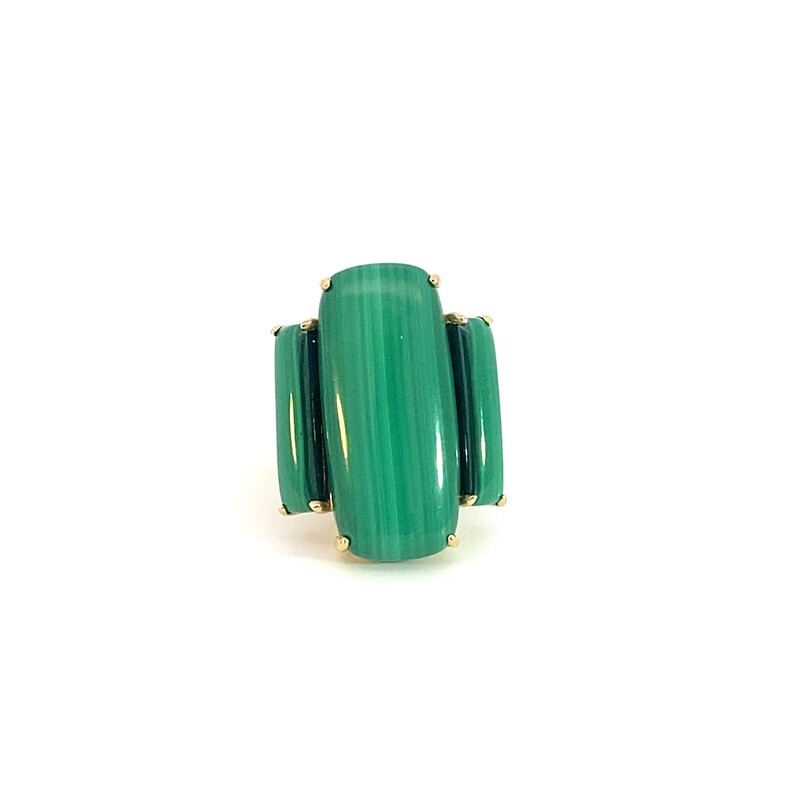ANILLO ORO AMARILLO MALAQUITA TRES PIEDRAS 14K