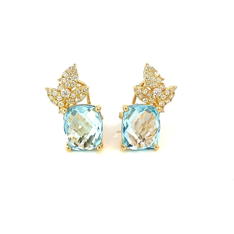 ARETES ORO AMARILLO TOPACIO AZUL DIAMANTES HOJAS 14K D.67