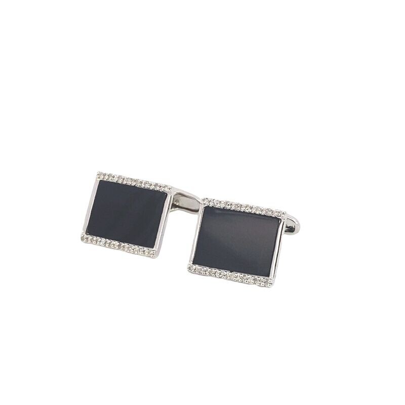 GEMELOS ORO BLANCO DE HOMBRE AGATA NEGRA DIAMANTES 14K