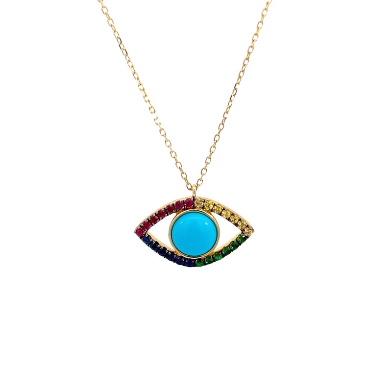 CADENA DIJE ORO AMARILLO SAF COLORES TURQUESA OJO TURCO 14K
