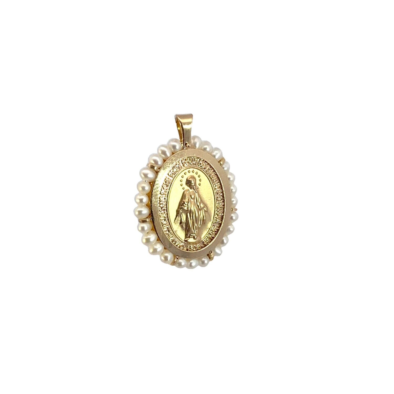 DIJE ORO AMARILLO  MEDALLA VIRGEN MILAGROSA PERLA OVALADO 14K