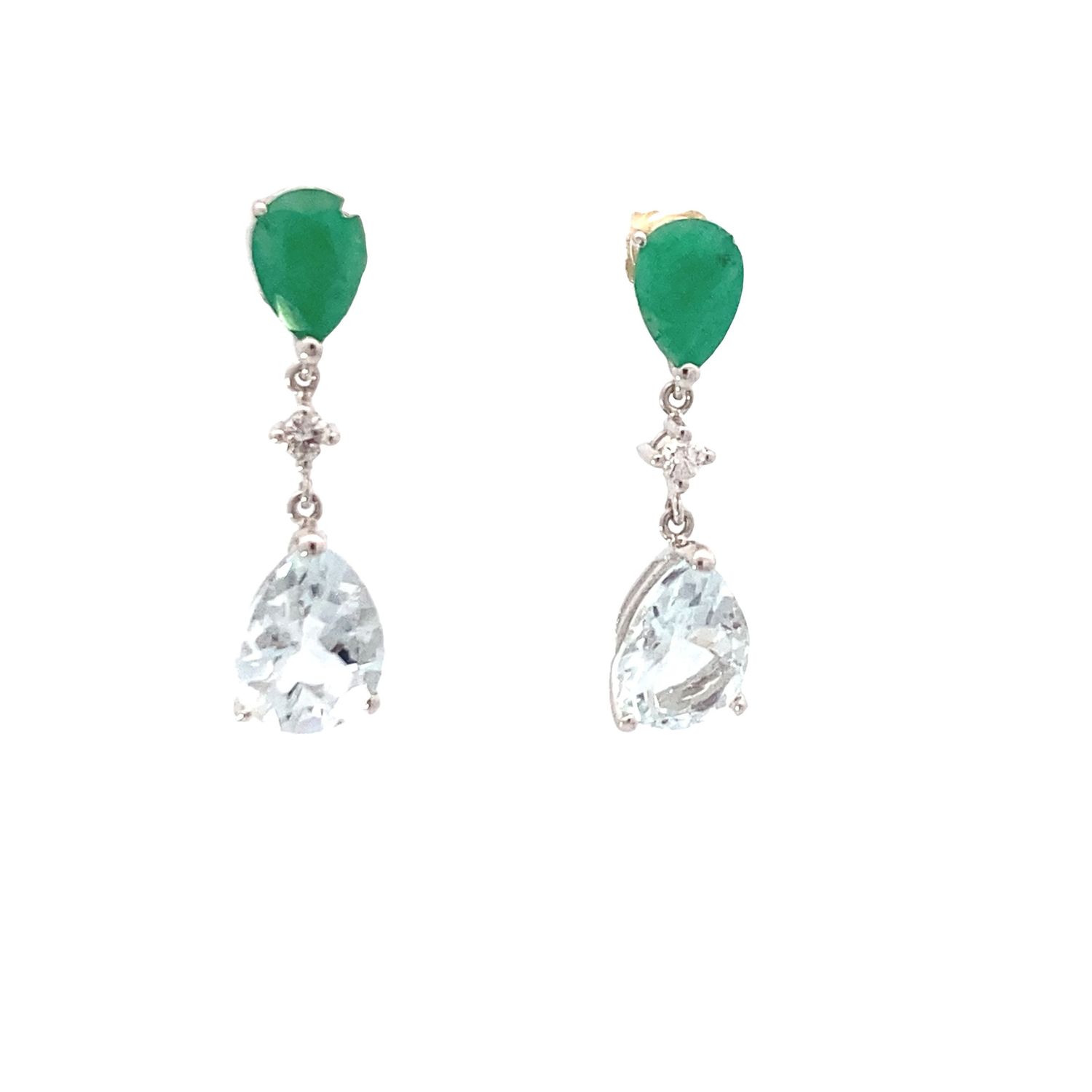 ARETES ORO BLANCO AGUAMARINA ESMERALDA DIAMANTES LARGO 18K