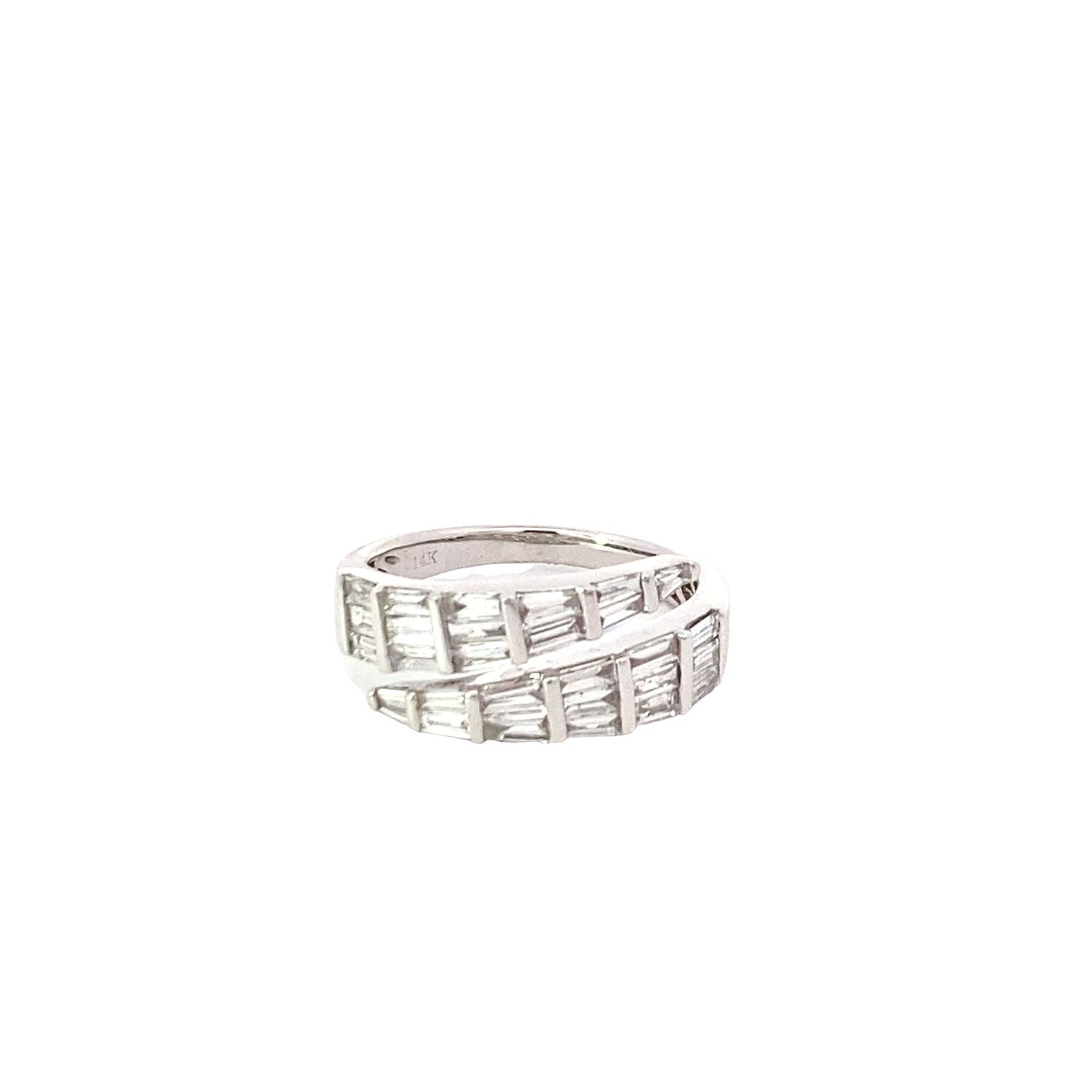 ANILLO ORO BLANCO DIAMANTES BAGUET CRUZADO 14K D1.14
