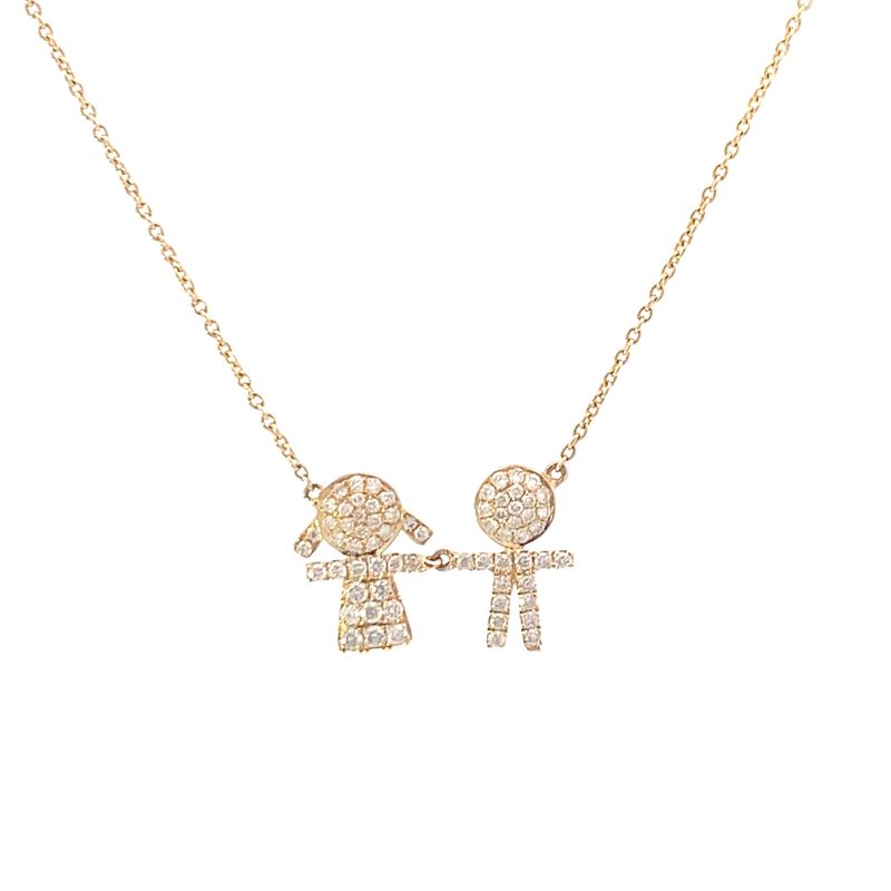 CADENA ORO AMARILLO  CON DOS DIJES NIÑO Y NIÑA DIAMANTES 14K