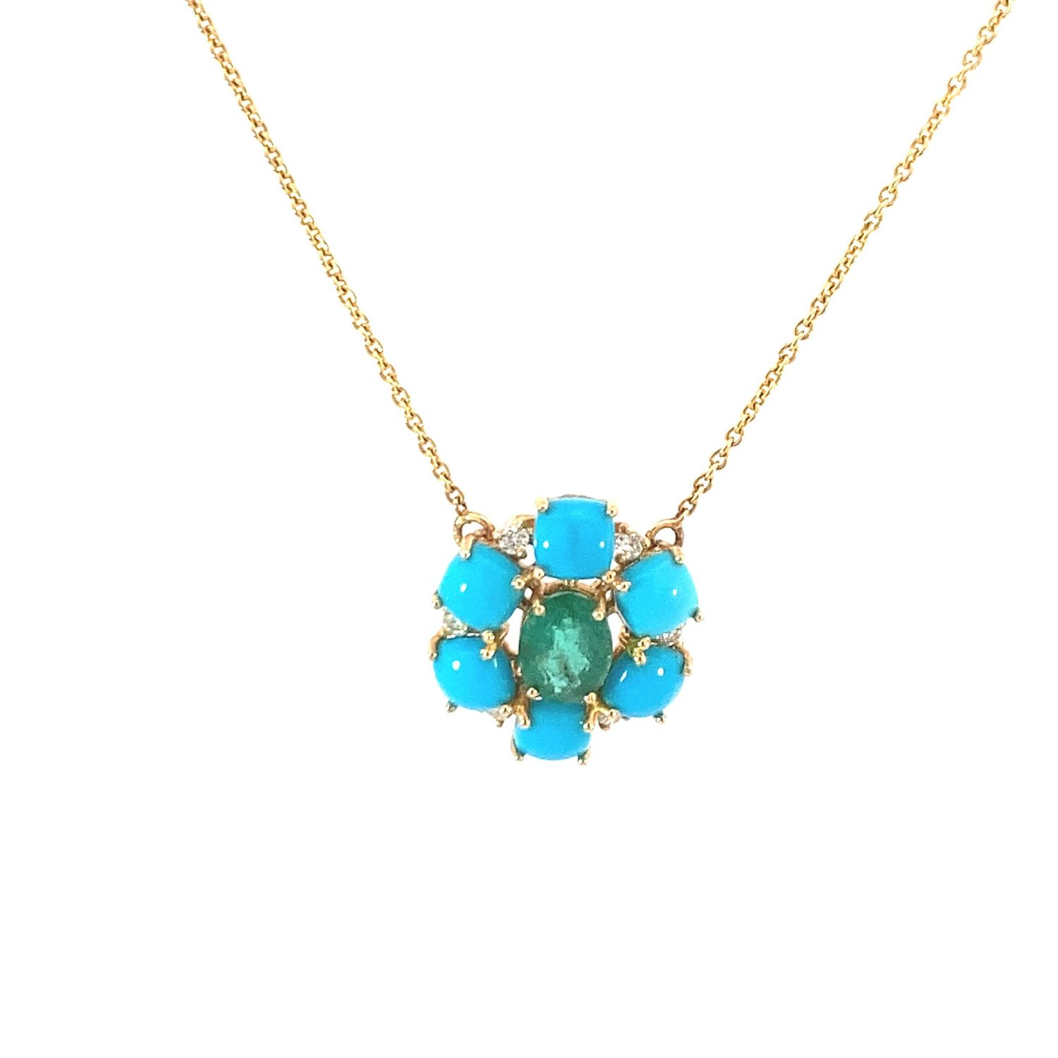 CADENA CON DIJE ORO AMARILLO  ESMERALDA Y TURQUESA 18K
