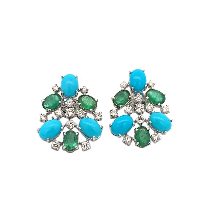 ARETES ORO BLANCO ESMERALDA TURQUESA Y DIAMANTES 18K
