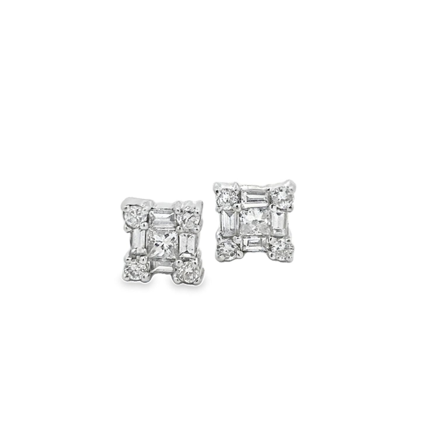 ARETES ORO BLANCO DORMILONAS CUADRADA DIAMANTES 18K