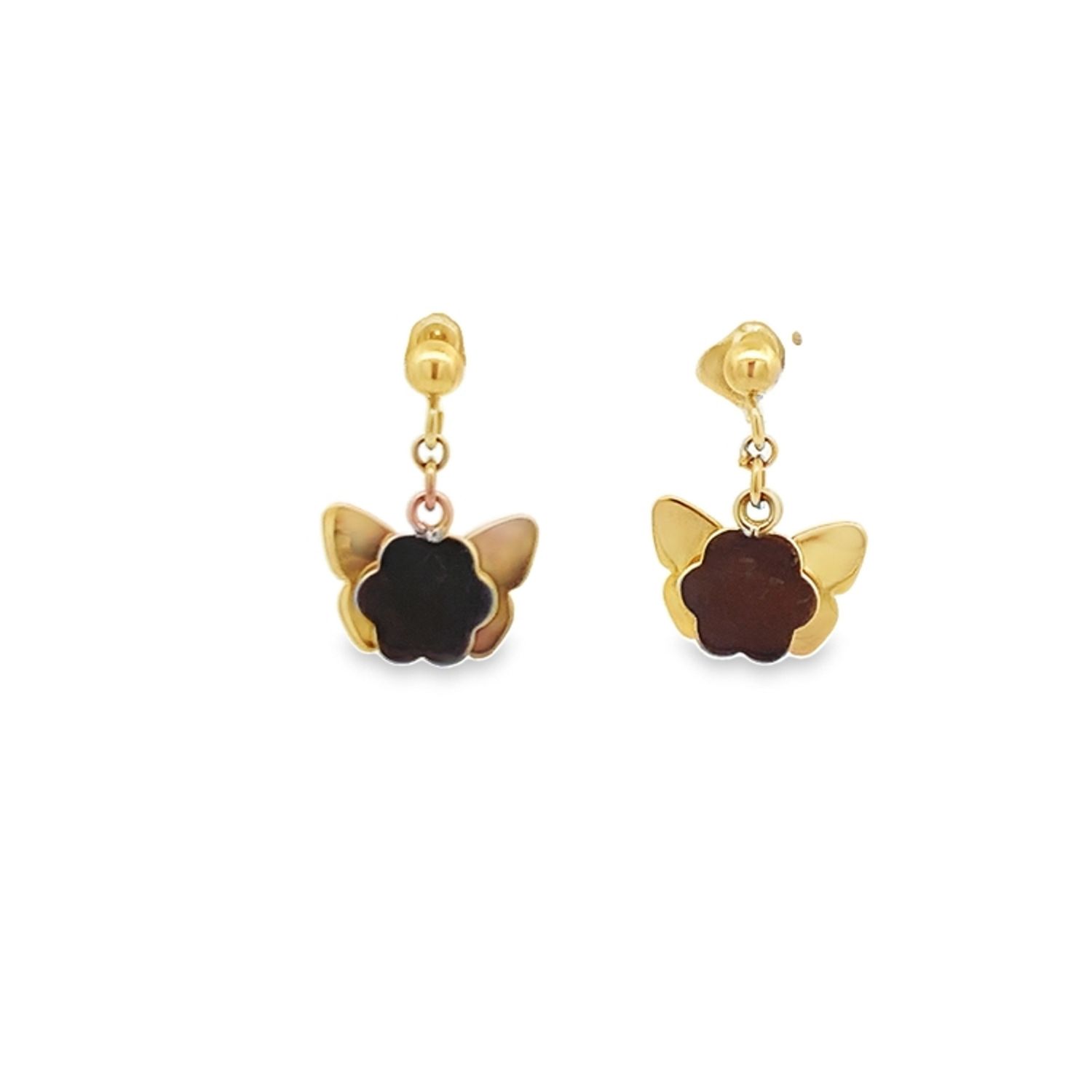 ARETES ORO COMBINADO  MARIPOSA,FLOR LARGUITO NIÑA 18K