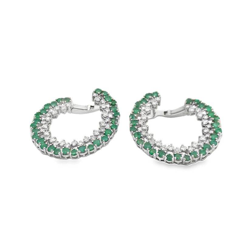 ARETES ORO BLANCO ESMERALDA Y DIAMANTES  14K