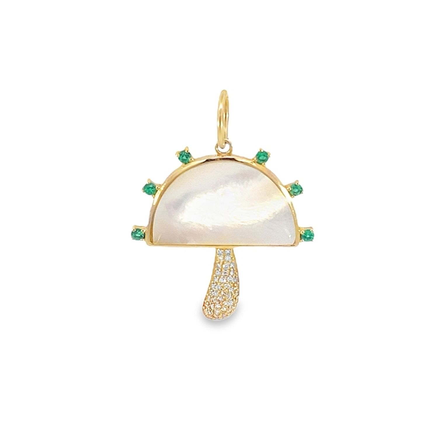 DIJE ORO AMARILLO HONGO MADRE PERLA Y ESMERALDA 14K